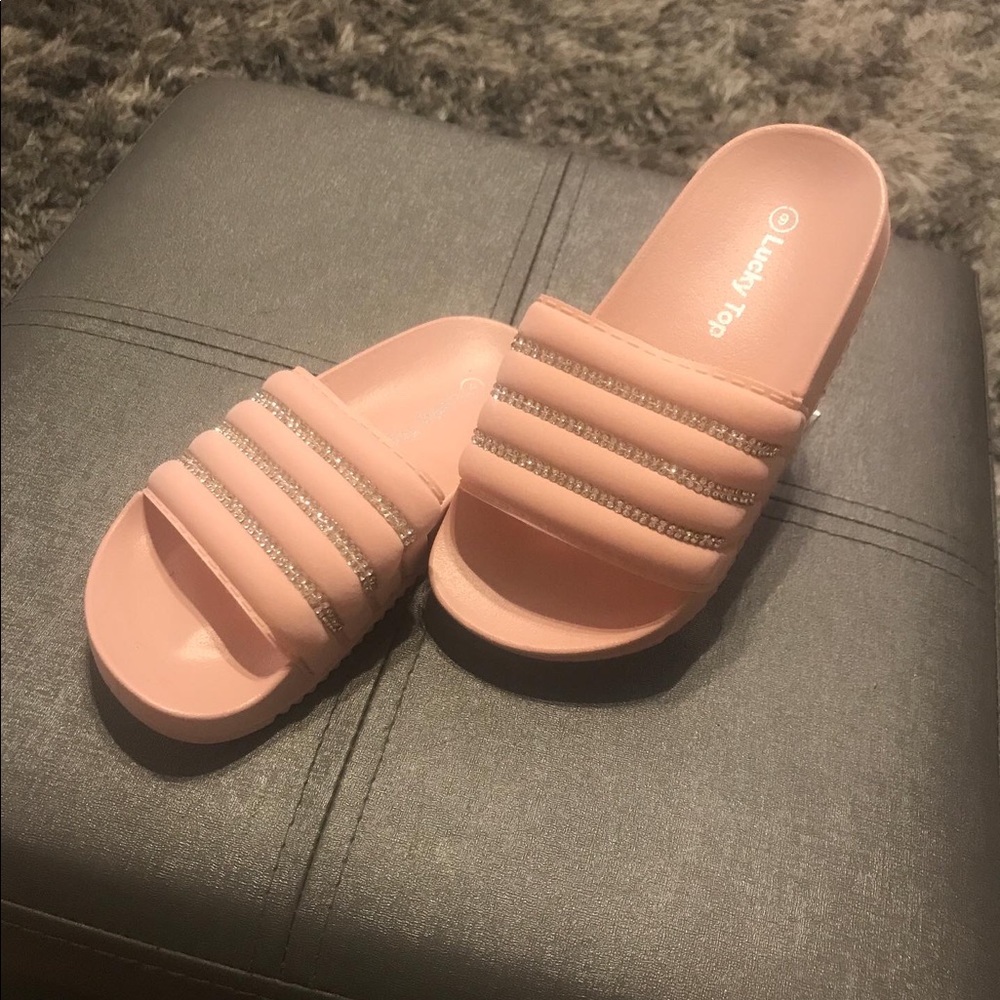 Kids Bling Stripe Slides- Nude Pink